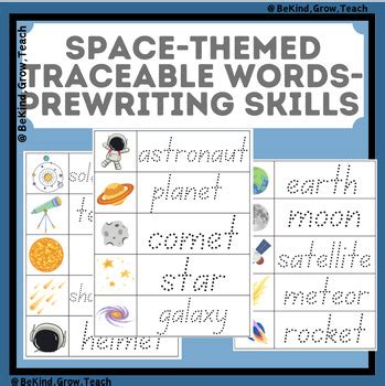 Space-themed Traceable Words, Space Words, Preschool Prewriting Skills