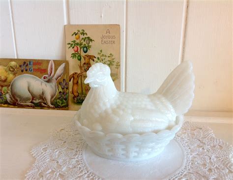 Vintage French Milk Glass Hen On Nest Chicken Egg Keeper Etsy Hens On Nest Farm Decor