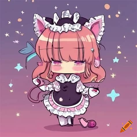 Whimsical Anime Cat Maid Girl With Pastel Stars In The Background On