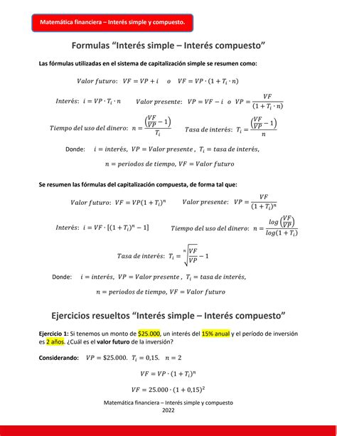 Solution F Rmulas Y Ejercicios Inter S Simple Y Compuesto Studypool