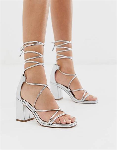 Asos Design Host Block Heeled Strappy Sandals In Silver Asos