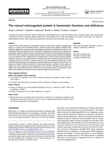 Pdf The Natural Anticoagulant Protein S Hemostatic Functions And