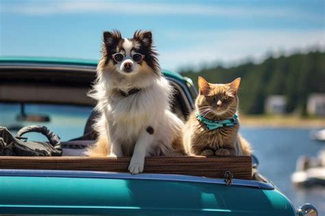 Perro Y Gato Felices Juntos En Un Viaje De Vocaci N De Verano Foto