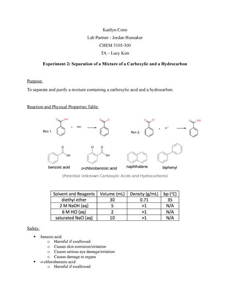 Exp Lab Report Separation Of A Mixture Of A Carboxylic And A