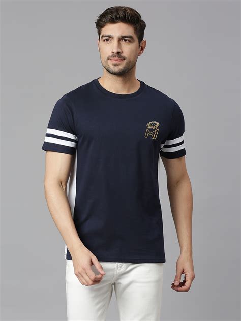 Mi Men Navy Blue Colourblocked Printed Round Neck T Shirt