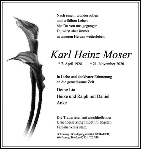 Traueranzeigen Von Karl Heinz Moser Trauer38 De