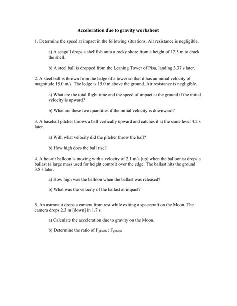 Acceleration Due To Gravity Worksheet Science 9th Grade