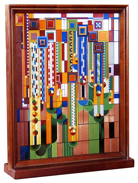 Frank Lloyd Wright Saguaro Wood Framed Stained Glass Midcentury Decorative Objects And