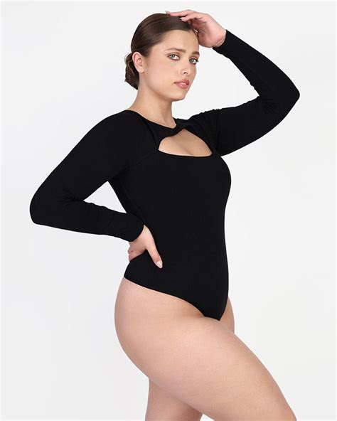 Cozy Ribbed Chic Cut Out Bodysuit V Neck Shapewear With Long Sleeves