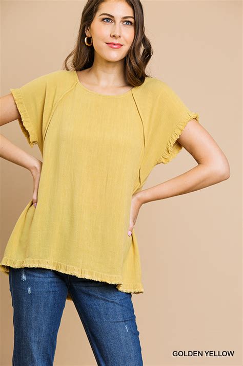 Umgee Short Sleeve Round Neck High Low Top With Fringe Hems