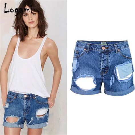 Logami Ripped Jean Shorts Women Summer Mini Denim Shorts Broken Hole