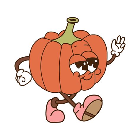 Groovy Cute Retro Cartoon Pumpkin Character In Vintage Style Walking