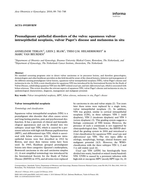 Premalignant Epithelial Disorders Of The Vulva Squamous Vulvar