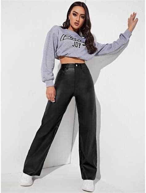 Buy Shein Straight Leg Leather Look Jeans Online Topofstyle