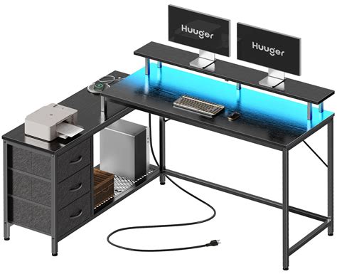 Huuger L Shaped Computer Desk With Led Lights And Power Outlets Gaming