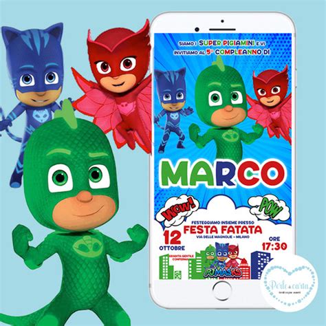 PJ MASK SUPER PIGIAMINI Invito Digitale Perle Di Carta