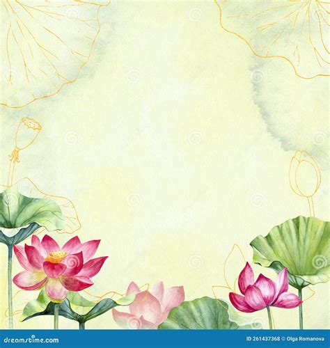 Square Watercolor Lotus Card With Abstract Background Luxury Wallpaper