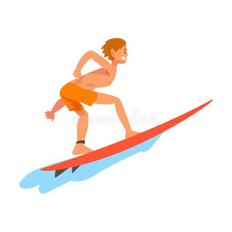 Guy Surfer Character Riding On Ocean Wave With Surfboard Summer