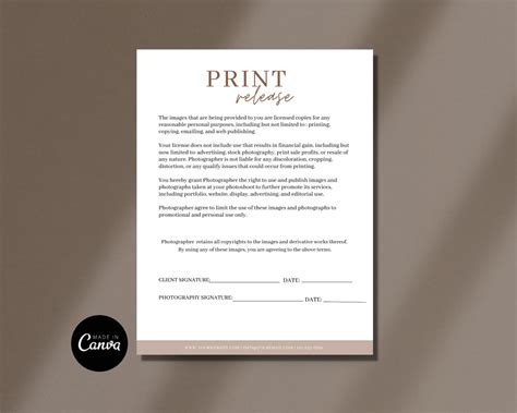 Photography Print Release Template Form For Photographers Print