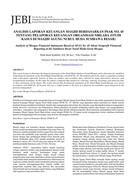 PDF Analisis Laporan Keuangan Masjid Berdasarkan PSAK No 45 Tentang
