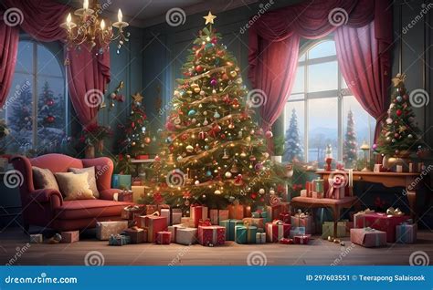 Christmas Tree With Many Gifts And Decoration Stock Illustration