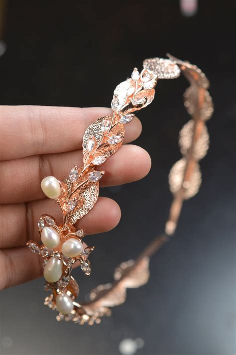 Rose Gold Bridal Crystal Headpiece Leaf Vine Pearl Headband