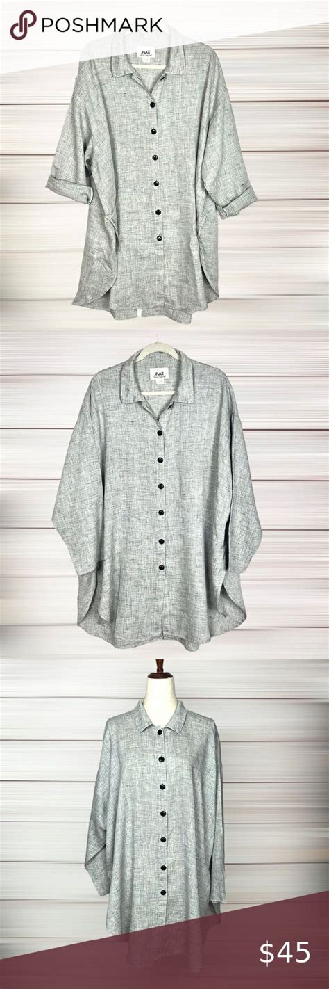 Flax By Jeanne Engelhart Linen Oversized Gray Shirt Tunic Top M Shirt