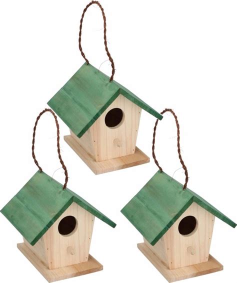 3x Stuks Houten Vogelhuisje Nestkastje Met Groen Dak 17 Cm