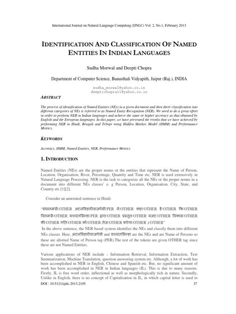 Identification and Classification of Named Entities in Indian Languages | Download Free PDF ...