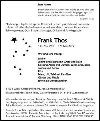 Traueranzeigen Von Frank Thos Wirtrauern