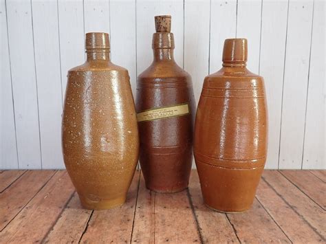 Vintage Stoneware Wine Bottle Set Of Brown Ceramic Rustic Bottle