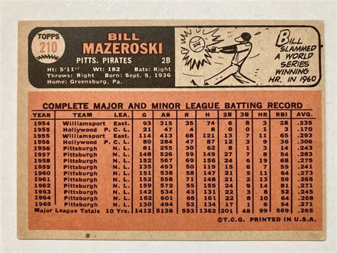 Bill Mazeroski ビル マゼロスキー 直筆サイン入りカード 1966 Topps 210 Signed TTM HOF 殿堂