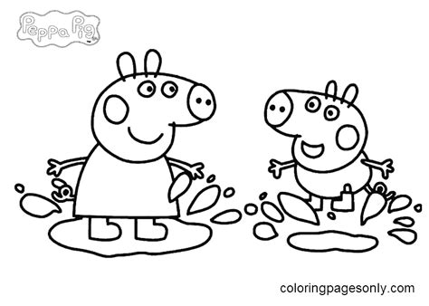 George And Peppa Jumping In Muddy Puddles Coloring Page Free