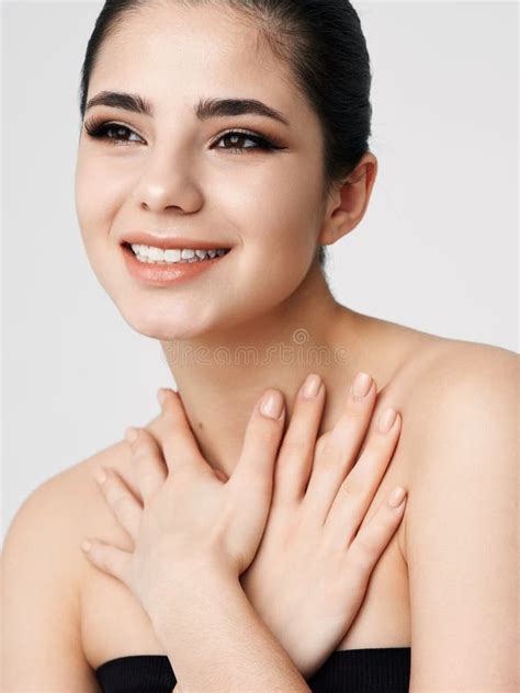 Smiling Woman Face With Makeup Nude Shoulders Hands Near Neck Stock