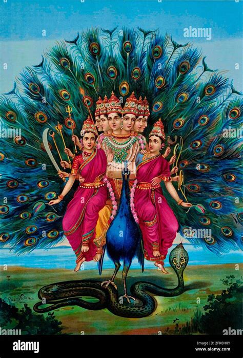 Hindu deity Karttikeya or Murugan with his consorts on his Vahana peacock. Artwork by Raja Ravi ...