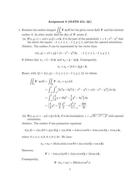 Sol8 Sol8 Assignment 8 Math 215 Q1 Evaluate The Surface Integral ∫∫ S F·ndsfor The Given