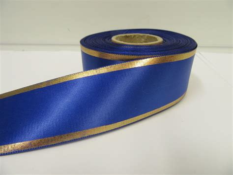 Royal Dark Blue With Metallic Gold Tramlines Satin Ribbon 2 Or 20