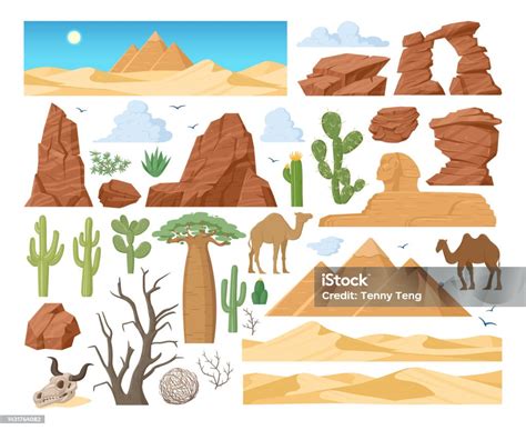 Cartoon Desert Dunes Tumbleweed Sand Stones Cactus Plants Cartoon Sand ...