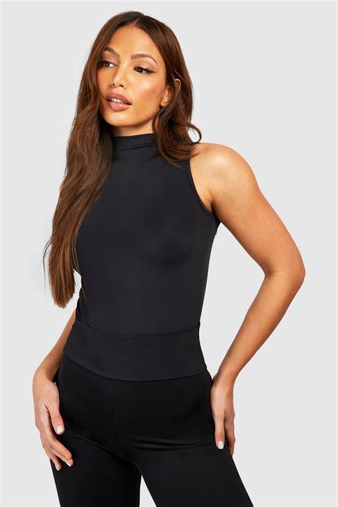 Black Tall Premium Matte Slinky Funnel Neck Sleeveless Bodysuit Boohoo Uk