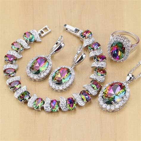 Mystic Rainbow Fire Cubic Zirconia Jewelry Sets Women 925 Sterling Silver Jewelry Earrings