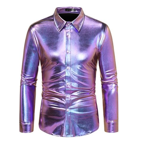 Bzgtzt Men S Metallic Disco Blouses Shiny Slim Fit Metallic Sequin Long