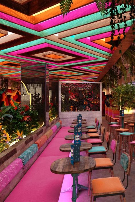 Pink Fixed Seating Beautiful Bold Bright Vibrant Restaurant Interior