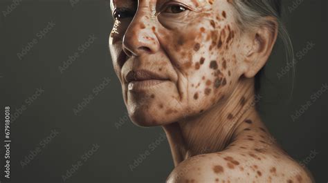 Vitiligo , close-up of age pigment spots on the face skin of an old human, cosmetic procedure ...