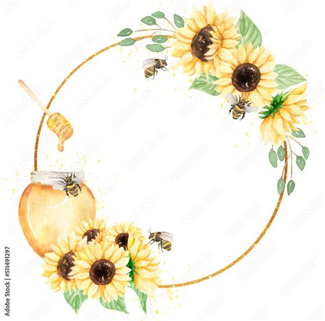 Sunflowers Bee And Honey Wreath Clipart Watercolor Sunny Flower Frame