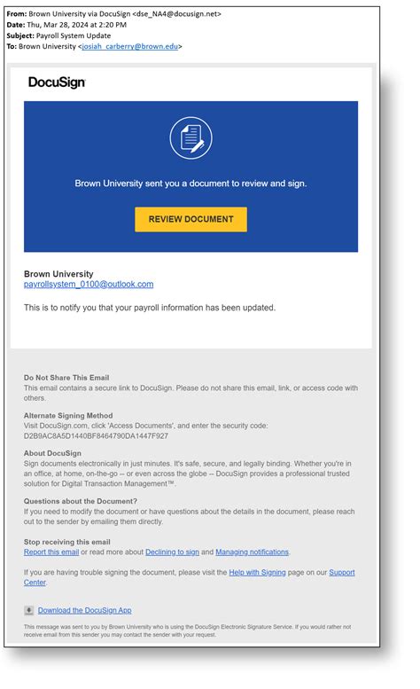 Payroll Scam Fake DocuSign Message OIT Brown University