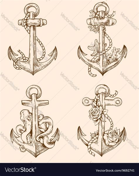 Set Of Hand Drawn Vintage Anchors Royalty Free Vector Image