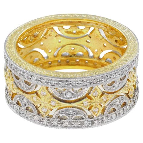 18k Two Tone Gold Diamond Engraved Floral Open Work Eternity Wide Band Ring For Sale At 1stdibs