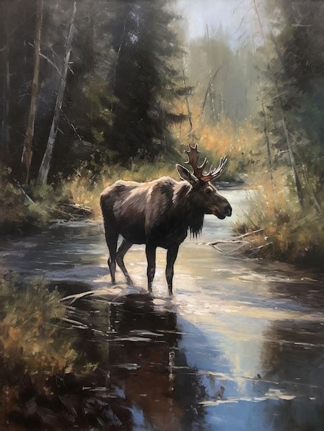 Premium Ai Image A Painting Of A Moose Standing In A Stream With The