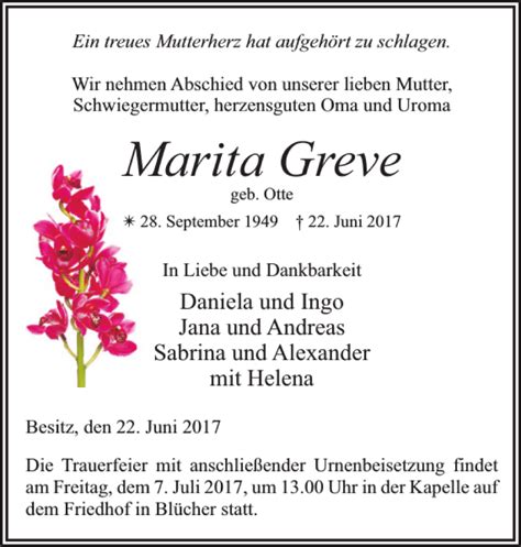 Traueranzeigen Von Marita Greve Trauer Nordkurier