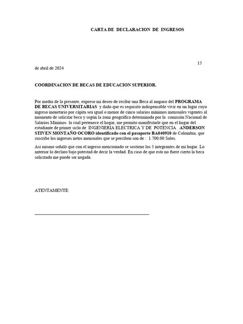 Carta De Declaracion De Ingresos Pdf